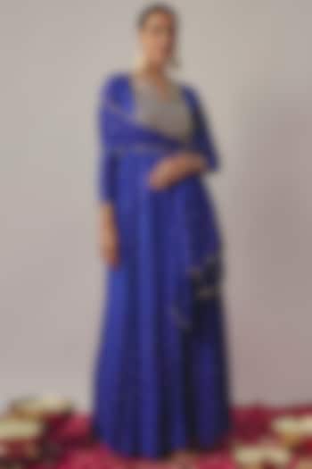 Royal Blue Chinon Anarkali Set by WILDFLOWER BY KRISHNA