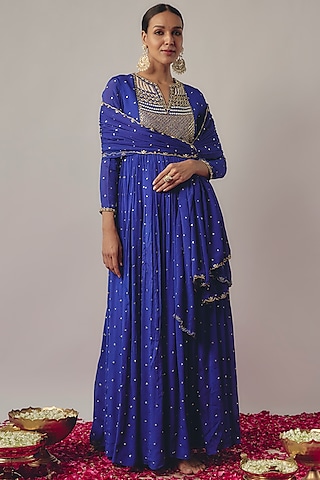 Royal Blue Chinon Anarkali Set by Krishna Padia