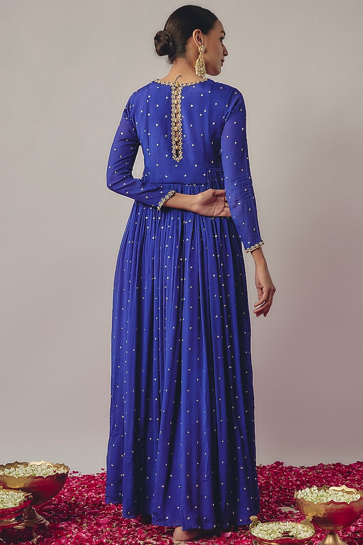 Royal Blue Chinon Wedding Anarkali Set by Krishna Padia at Pernia's Pop Up Shop
