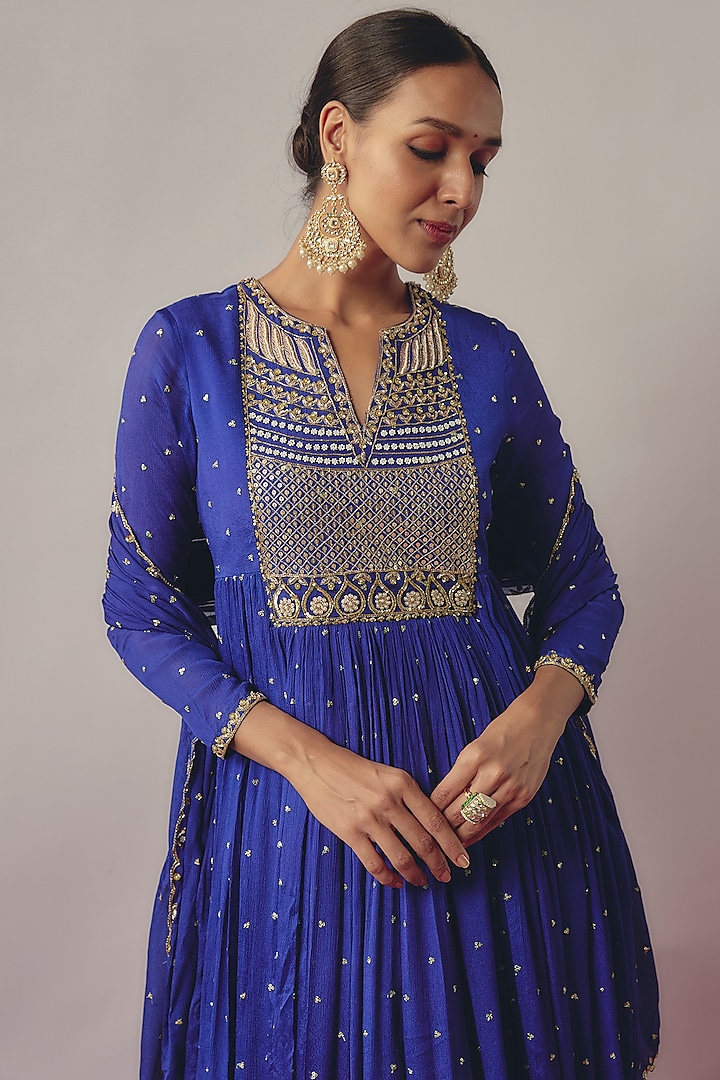 Royal Blue Chinon Wedding Anarkali Set by Krishna Padia at Pernia's Pop Up Shop