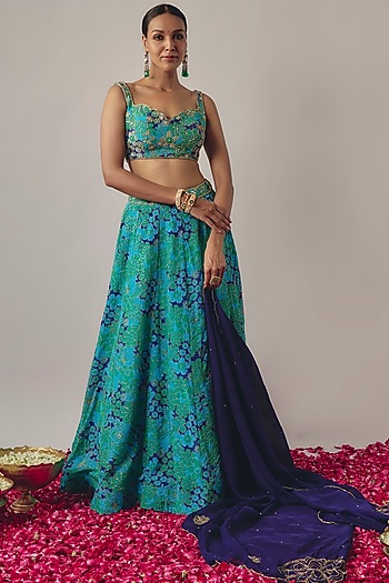 Blue Crepe Printed Wedding Lehenga Set by Krishna Padia at Pernia's Pop Up Shop