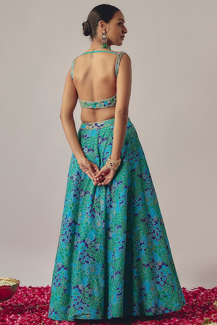 Blue Crepe Printed Wedding Lehenga Set by Krishna Padia at Pernia's Pop Up Shop