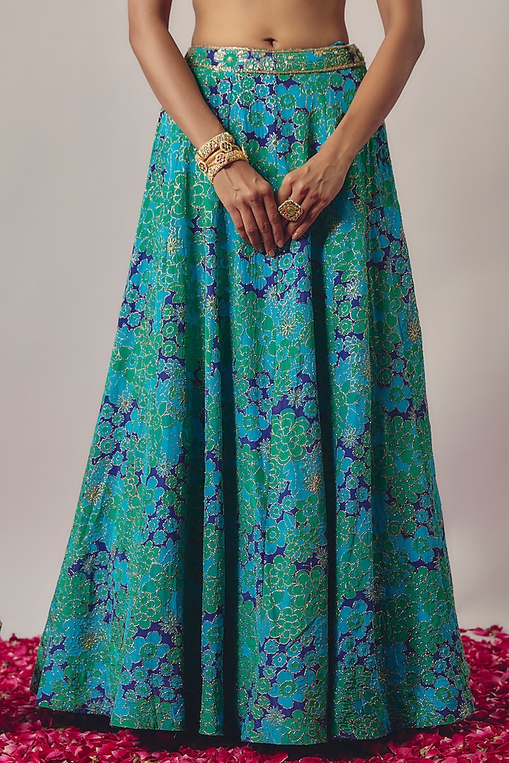 Blue Crepe Printed Wedding Lehenga Set by Krishna Padia at Pernia's Pop Up Shop