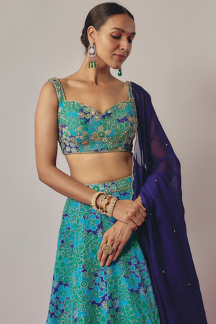 Blue Crepe Printed Wedding Lehenga Set by Krishna Padia at Pernia's Pop Up Shop