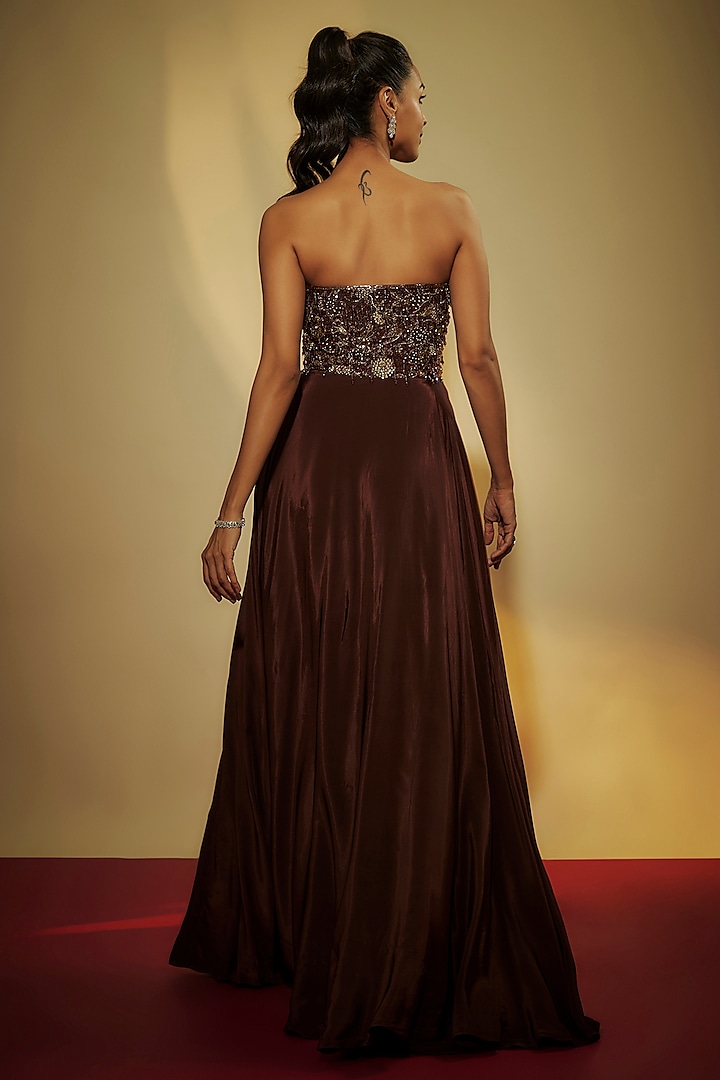 Brown Pure Crepe Zardosi Hand Embroidered Engagement Gown by Krishna Padia at Pernia's Pop Up Shop