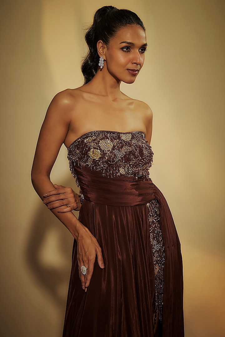 Brown Pure Crepe Zardosi Hand Embroidered Engagement Gown by Krishna Padia at Pernia's Pop Up Shop