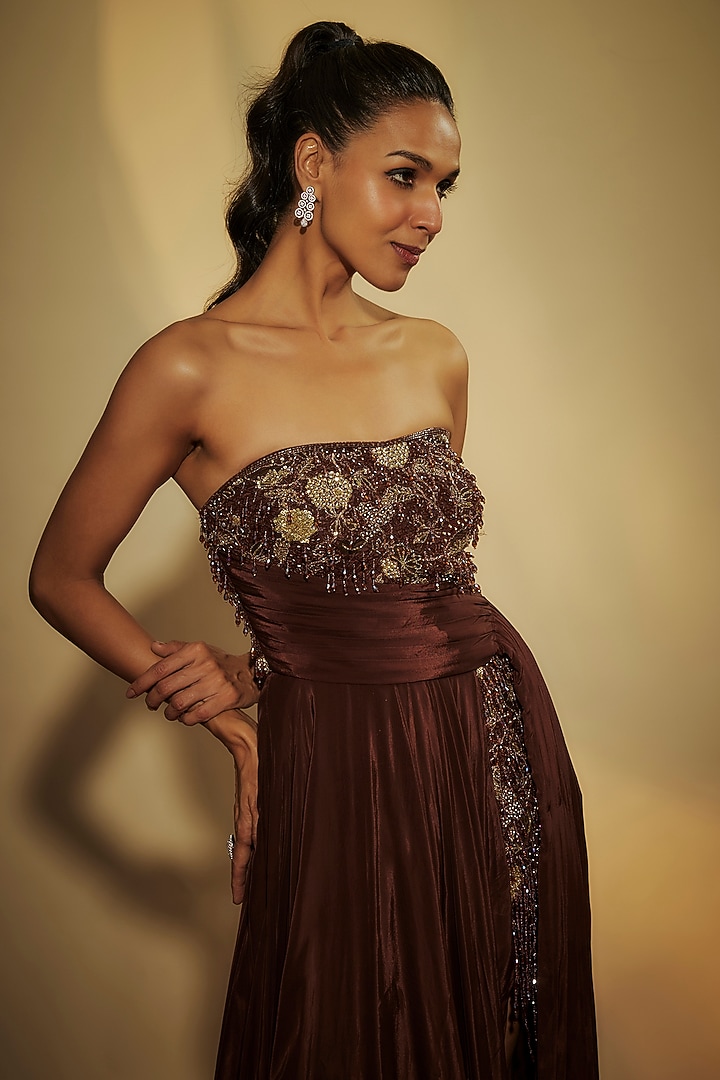 Brown Pure Crepe Zardosi Hand Embroidered Engagement Gown by Krishna Padia at Pernia's Pop Up Shop
