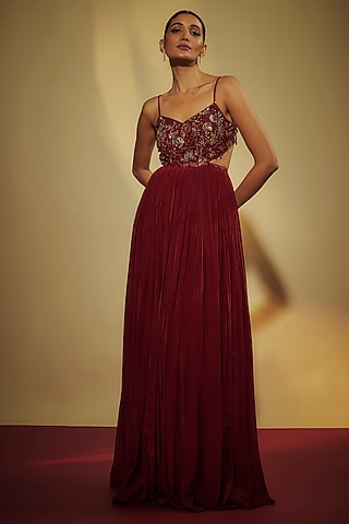 Maroon Pure Crepe Zardosi Hand Embroidered Gown by Krishna Padia