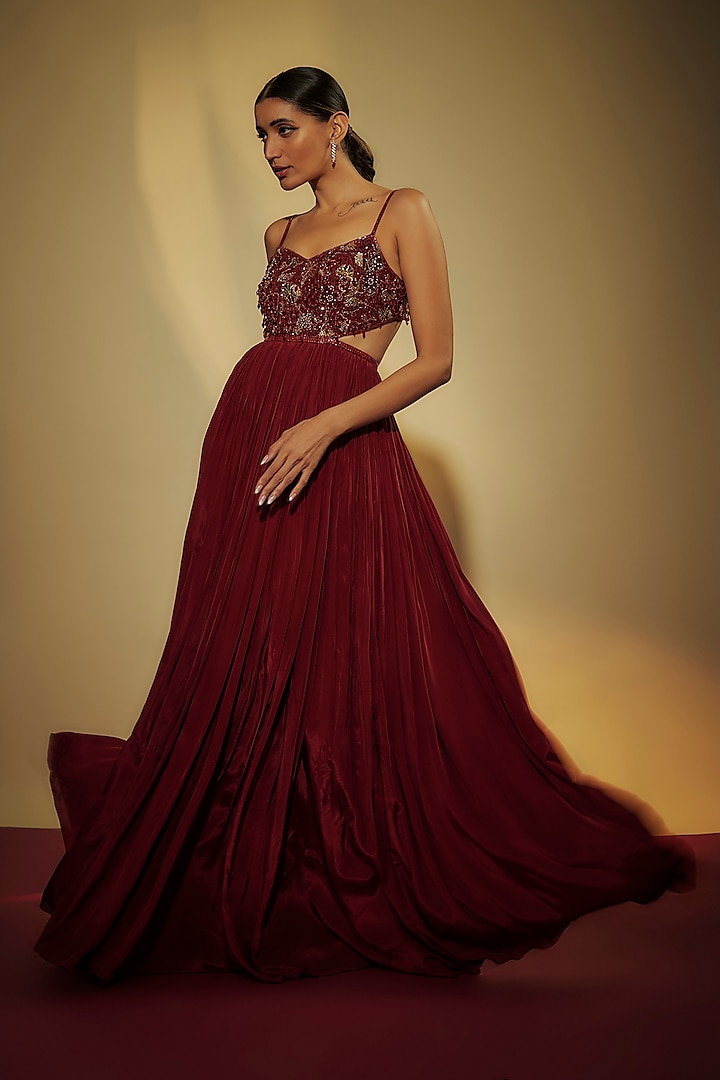 Maroon Pure Crepe Zardosi Hand Embroidered Engagement Gown by Krishna Padia at Pernia's Pop Up Shop
