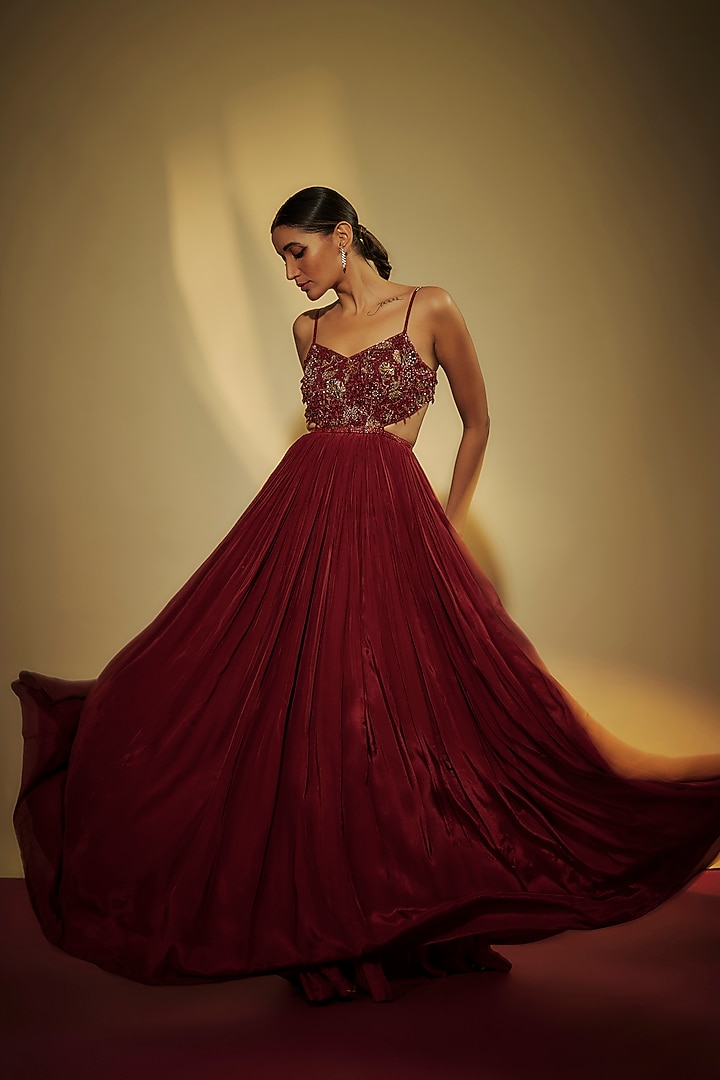 Maroon Pure Crepe Zardosi Hand Embroidered Engagement Gown by Krishna Padia at Pernia's Pop Up Shop