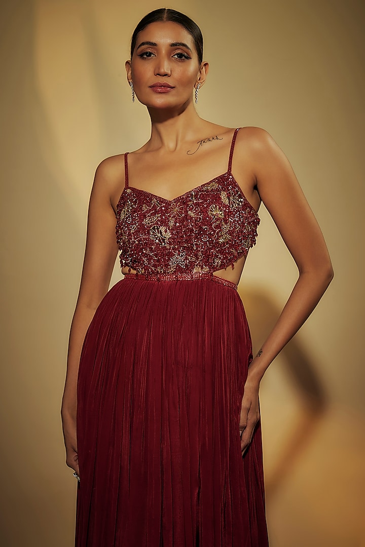 Maroon Pure Crepe Zardosi Hand Embroidered Engagement Gown by Krishna Padia at Pernia's Pop Up Shop