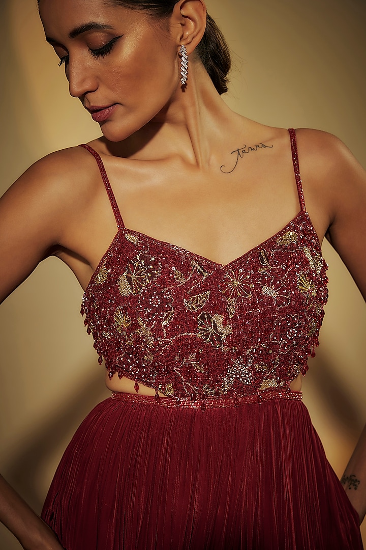 Maroon Pure Crepe Zardosi Hand Embroidered Engagement Gown by Krishna Padia at Pernia's Pop Up Shop