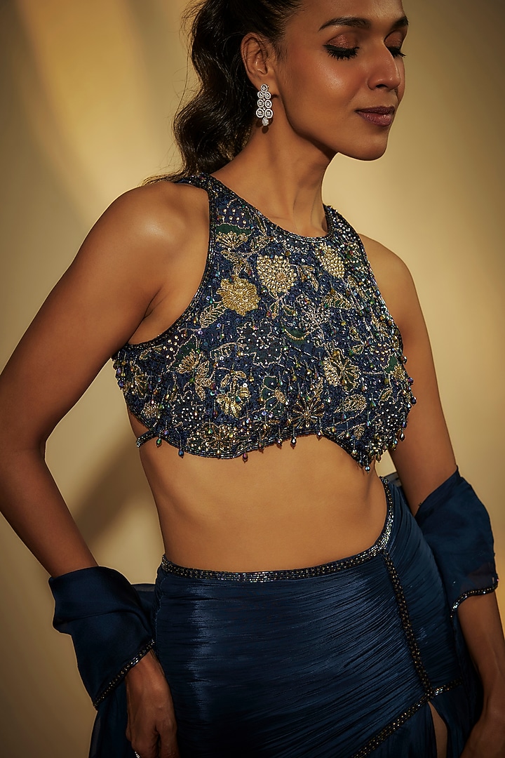 Deep Sapphire Blue Pure Crepe Wedding Lehenga Set by Krishna Padia at Pernia's Pop Up Shop