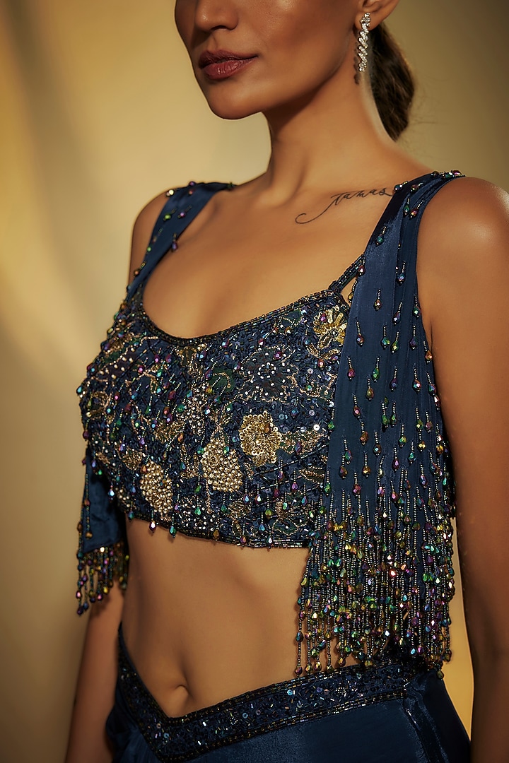 Deep Sapphire Blue Pure Crepe Zardosi Hand Embroidered Jacket Set by Krishna Padia at Pernia's Pop Up Shop