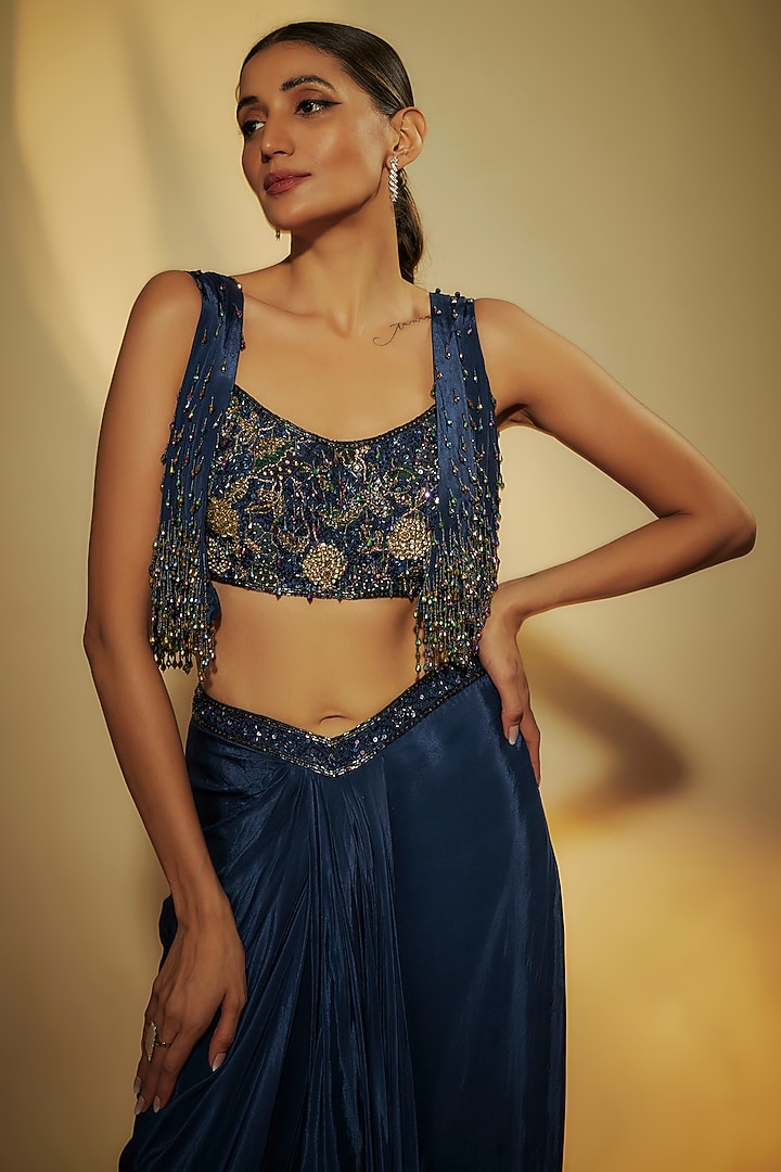 Deep Sapphire Blue Pure Crepe Zardosi Hand Embroidered Jacket Set by Krishna Padia at Pernia's Pop Up Shop