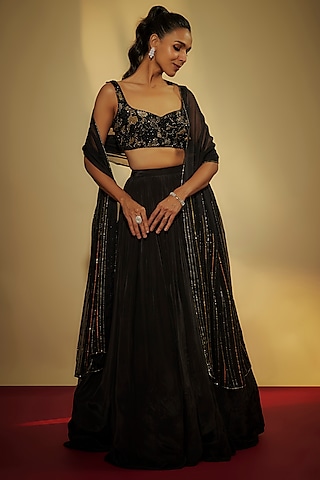 Black Pure Crepe Lehenga Set by Krishna Padia