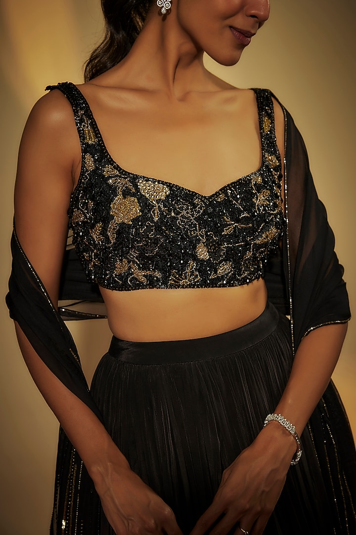 Black Pure Crepe Wedding Lehenga Set by Krishna Padia at Pernia's Pop Up Shop