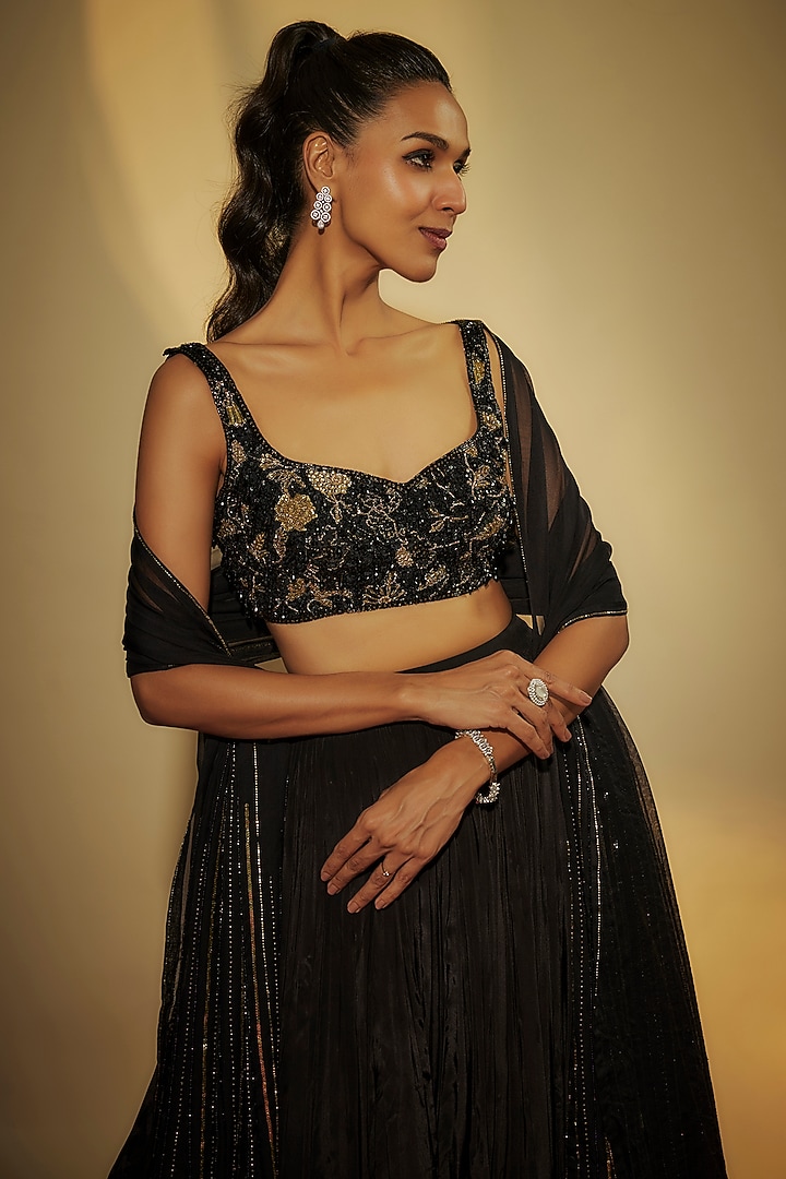 Black Pure Crepe Wedding Lehenga Set by Krishna Padia at Pernia's Pop Up Shop