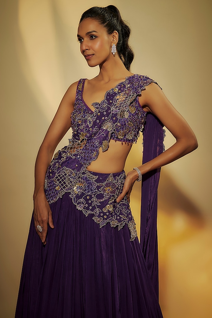 Purple Pure Crepe Zardosi Hand Embroidered Wedding Lehenga Set by Krishna Padia at Pernia's Pop Up Shop