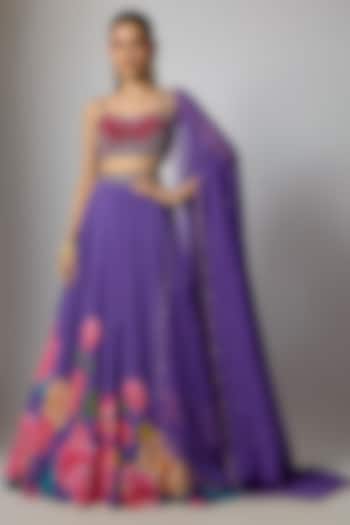 Purple Dola Silk Floral Printed & Embroidered Wedding Lehenga Set by Krishna Padia at Pernia's Pop Up Shop