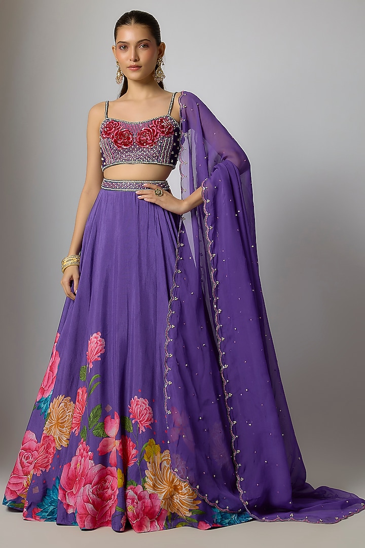 Purple Dola Silk Floral Printed & Embroidered Wedding Lehenga Set by Krishna Padia at Pernia's Pop Up Shop