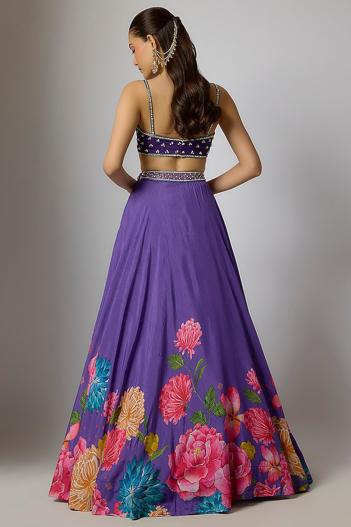 Purple Dola Silk Floral Printed & Embroidered Wedding Lehenga Set by Krishna Padia at Pernia's Pop Up Shop