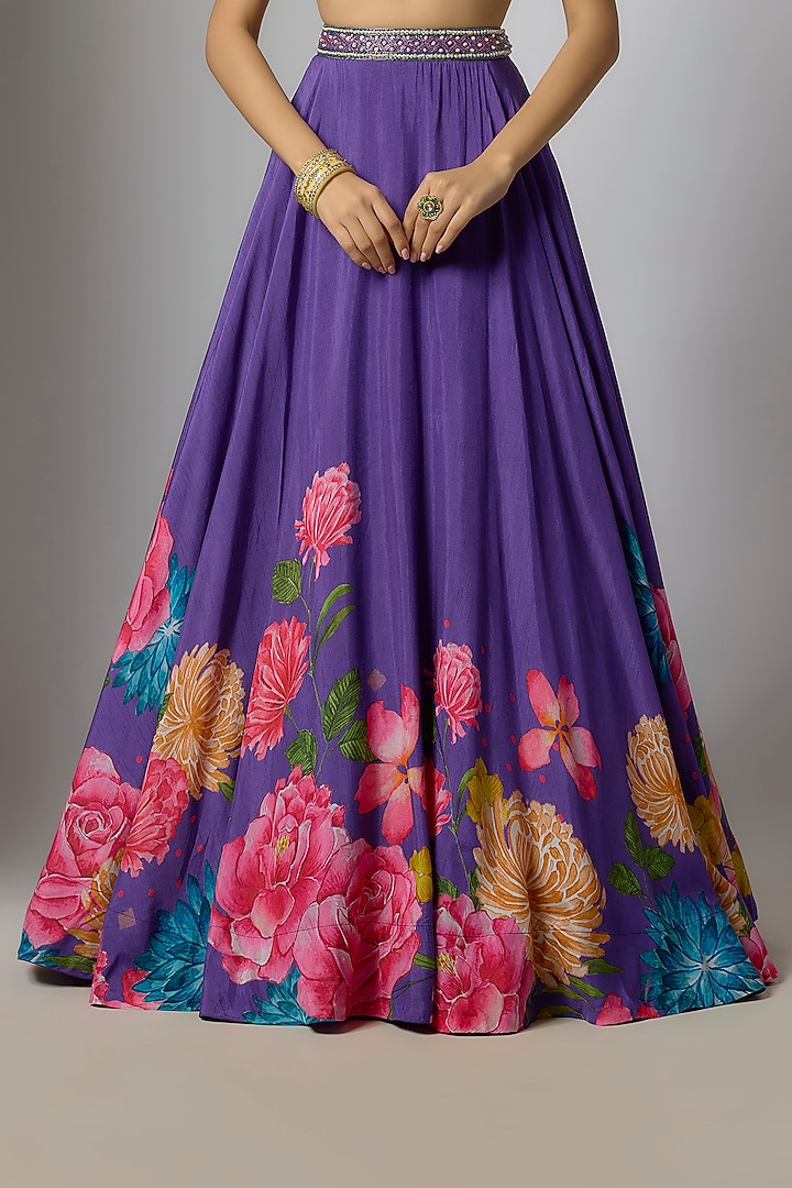 Purple Dola Silk Floral Printed & Embroidered Wedding Lehenga Set by Krishna Padia at Pernia's Pop Up Shop