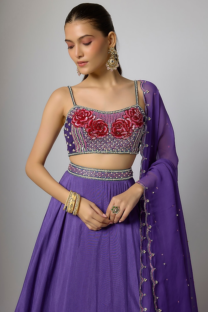 Purple Dola Silk Floral Printed & Embroidered Wedding Lehenga Set by Krishna Padia at Pernia's Pop Up Shop