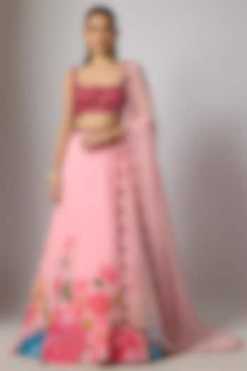 Blush Pink Dola Silk Floral Printed & Embroidered Wedding Lehenga Set by Krishna Padia at Pernia's Pop Up Shop