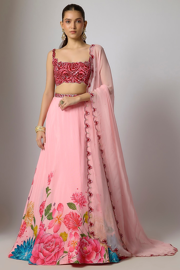 Blush Pink Dola Silk Floral Printed & Embroidered Wedding Lehenga Set by Krishna Padia at Pernia's Pop Up Shop