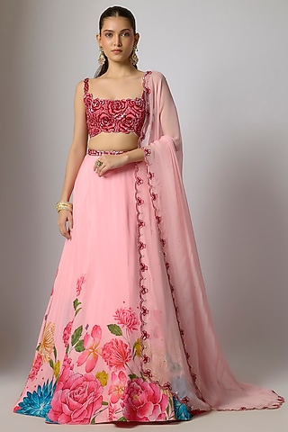 Blush Pink Dola Silk Floral Printed & Embroidered Lehenga Set by Krishna Padia