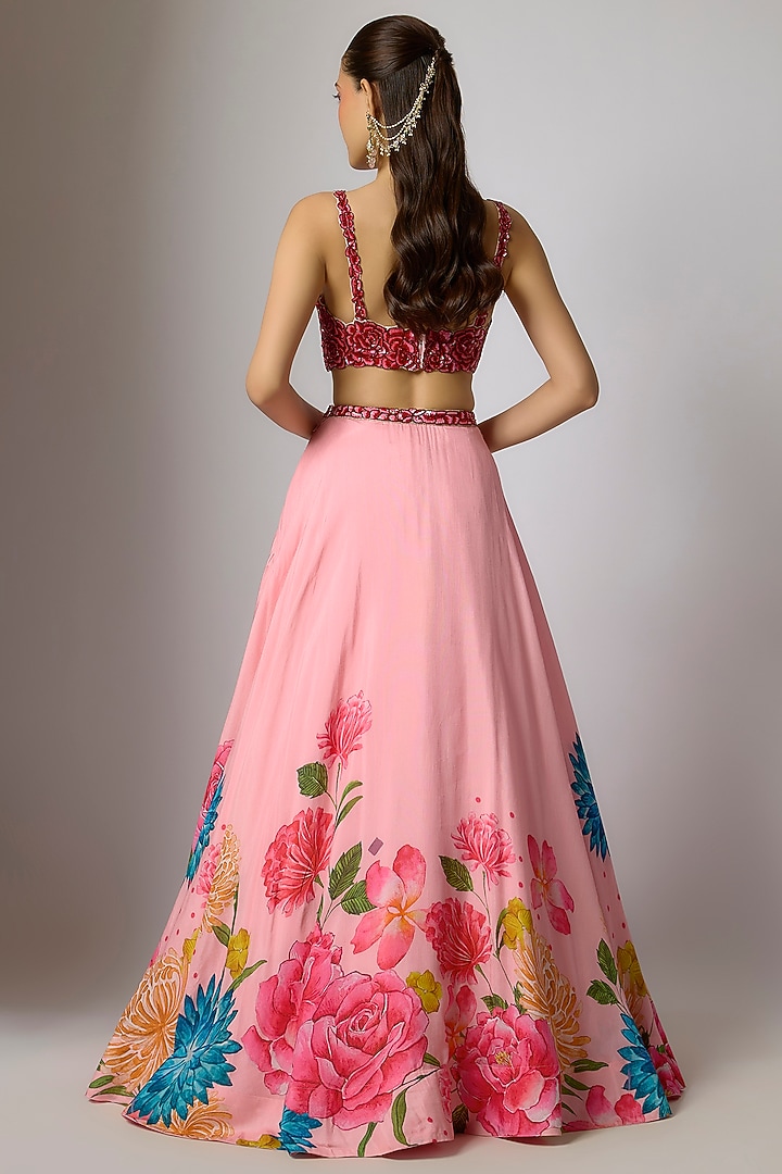 Blush Pink Dola Silk Floral Printed & Embroidered Wedding Lehenga Set by Krishna Padia at Pernia's Pop Up Shop
