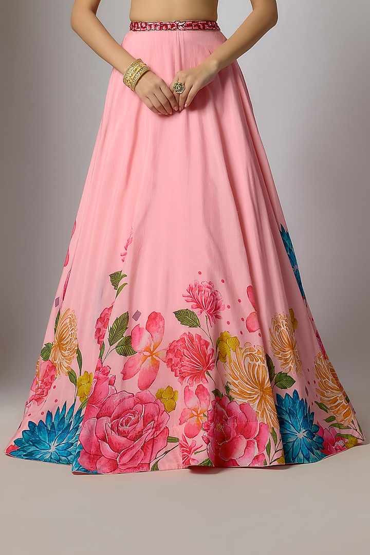Blush Pink Dola Silk Floral Printed & Embroidered Wedding Lehenga Set by Krishna Padia at Pernia's Pop Up Shop