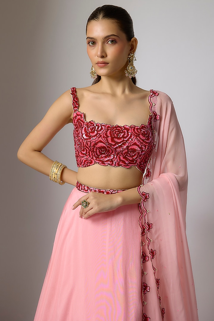 Blush Pink Dola Silk Floral Printed & Embroidered Wedding Lehenga Set by Krishna Padia at Pernia's Pop Up Shop