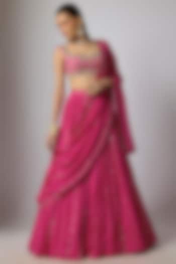 Fuchsia Pink Chinon Zari Embroidered Wedding Lehenga Set by Krishna Padia at Pernia's Pop Up Shop