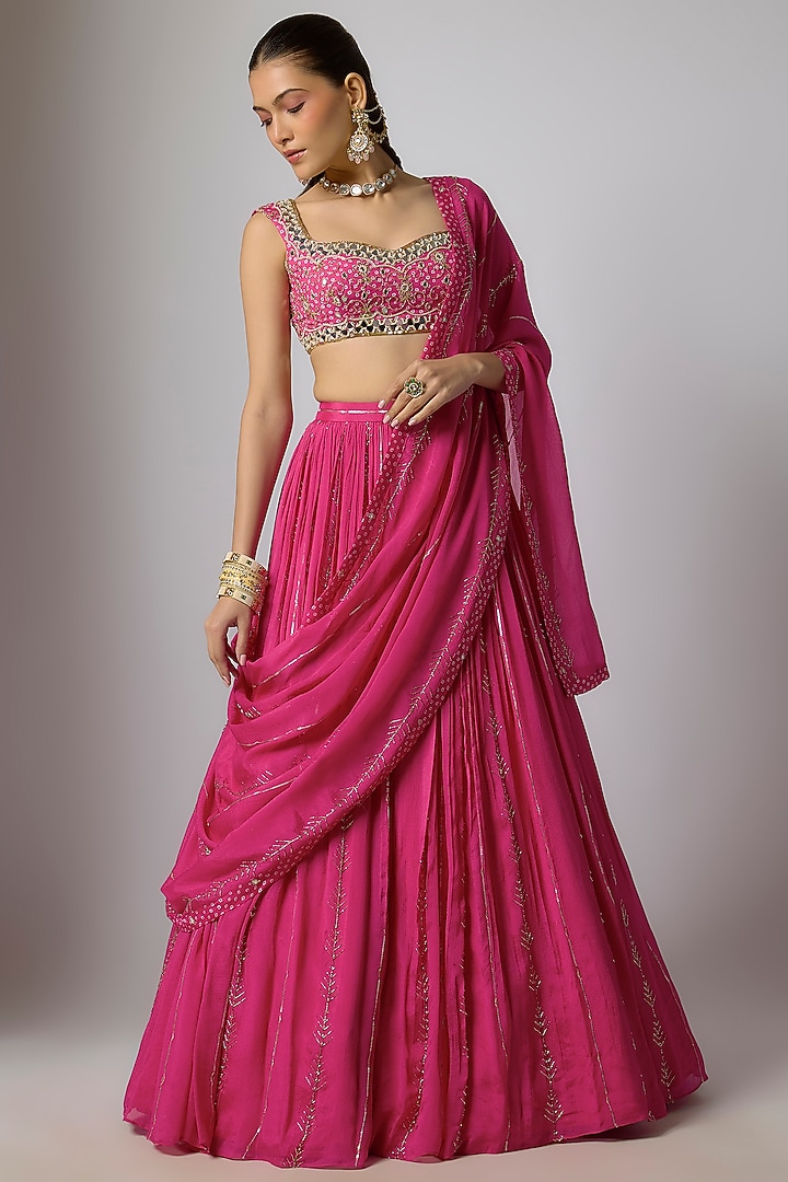 Fuchsia Pink Chinon Zari Embroidered Wedding Lehenga Set by Krishna Padia at Pernia's Pop Up Shop