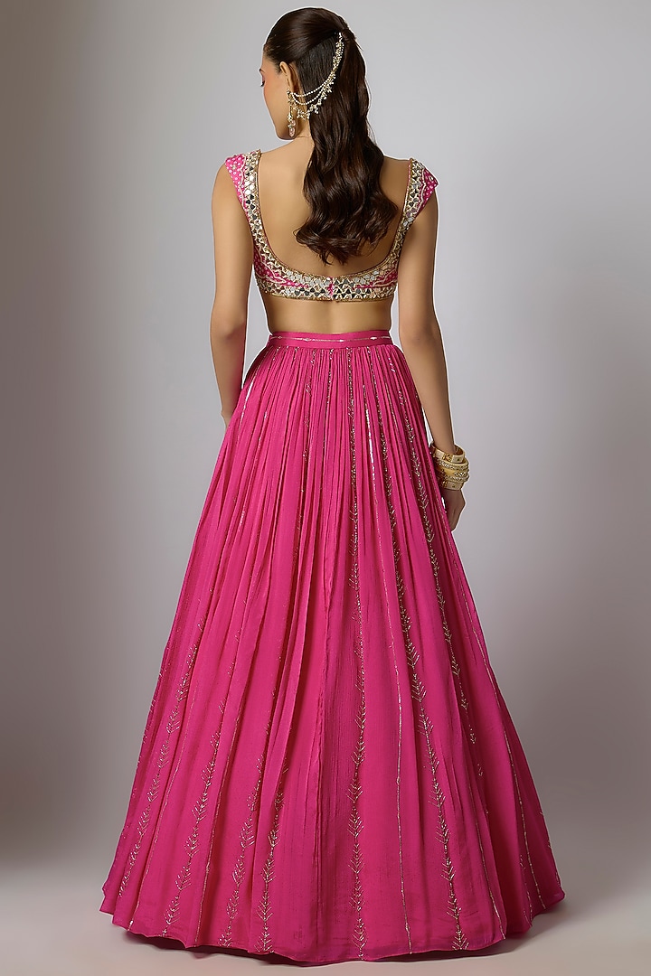 Fuchsia Pink Chinon Zari Embroidered Wedding Lehenga Set by Krishna Padia at Pernia's Pop Up Shop