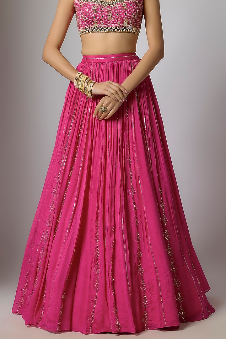 Fuchsia Pink Chinon Zari Embroidered Wedding Lehenga Set by Krishna Padia at Pernia's Pop Up Shop