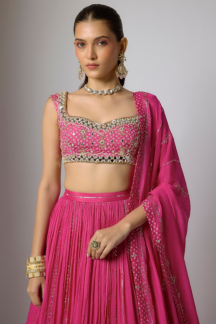 Fuchsia Pink Chinon Zari Embroidered Wedding Lehenga Set by Krishna Padia at Pernia's Pop Up Shop