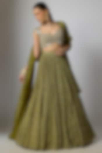 Mehendi Green Chinon Bandhani Printed & Pearl Beads Embellished Wedding Lehenga Set by Krishna Padia at Pernia's Pop Up Shop