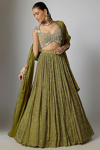 Mehendi Green Chinon Bandhani Printed & Pearl Beads Embellished Lehenga Set by Krishna Padia