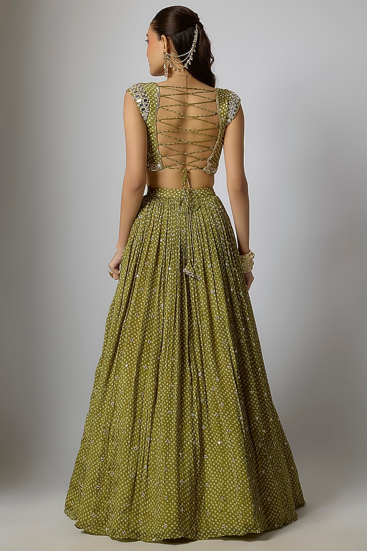 Mehendi Green Chinon Bandhani Printed & Pearl Beads Embellished Wedding Lehenga Set by Krishna Padia at Pernia's Pop Up Shop