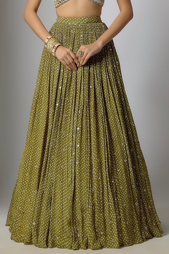 Mehendi Green Chinon Bandhani Printed & Pearl Beads Embellished Wedding Lehenga Set by Krishna Padia at Pernia's Pop Up Shop