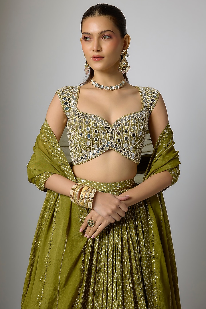 Mehendi Green Chinon Bandhani Printed & Pearl Beads Embellished Wedding Lehenga Set by Krishna Padia at Pernia's Pop Up Shop