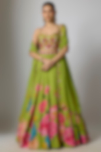 Mehendi Green Dola Silk Floral Printed & Embroidered Wedding Lehenga Set by Krishna Padia at Pernia's Pop Up Shop