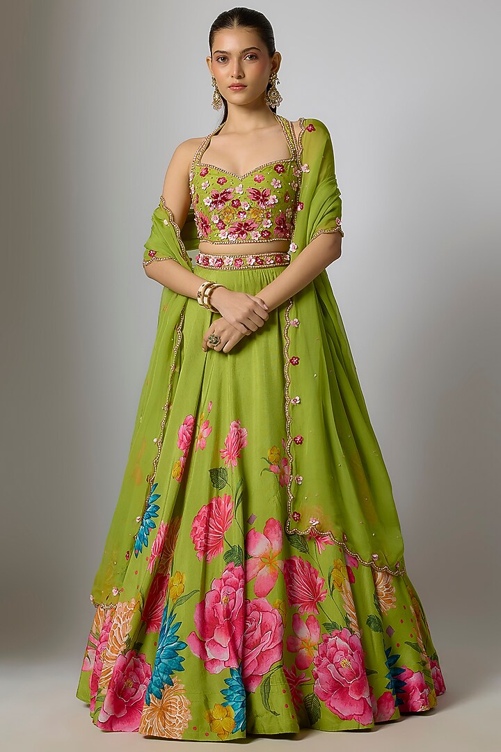 Mehendi Green Dola Silk Floral Printed & Embroidered Wedding Lehenga Set by Krishna Padia at Pernia's Pop Up Shop