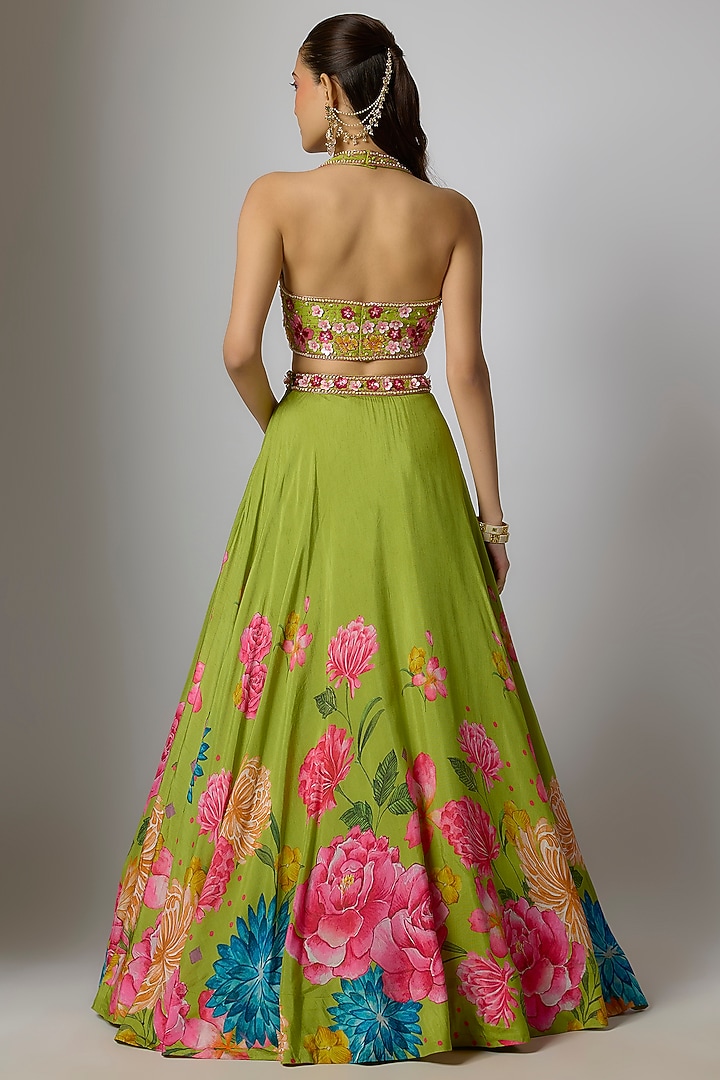 Mehendi Green Dola Silk Floral Printed & Embroidered Wedding Lehenga Set by Krishna Padia at Pernia's Pop Up Shop
