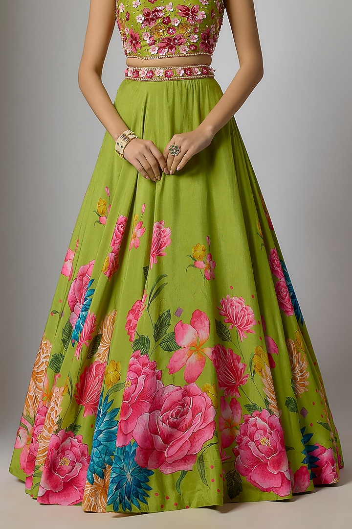 Mehendi Green Dola Silk Floral Printed & Embroidered Wedding Lehenga Set by Krishna Padia at Pernia's Pop Up Shop