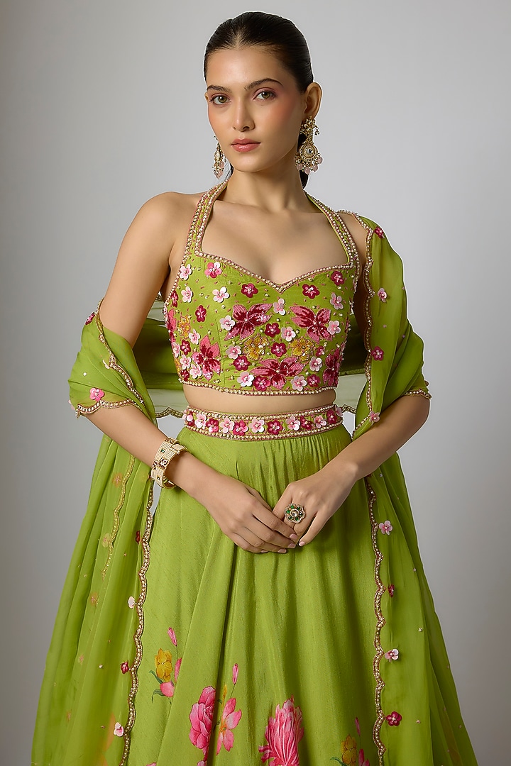 Mehendi Green Dola Silk Floral Printed & Embroidered Wedding Lehenga Set by Krishna Padia at Pernia's Pop Up Shop
