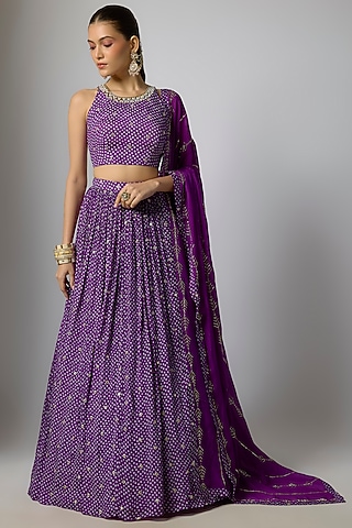 Purple Chinon Bandhani Printed Lehenga Set by Krishna Padia